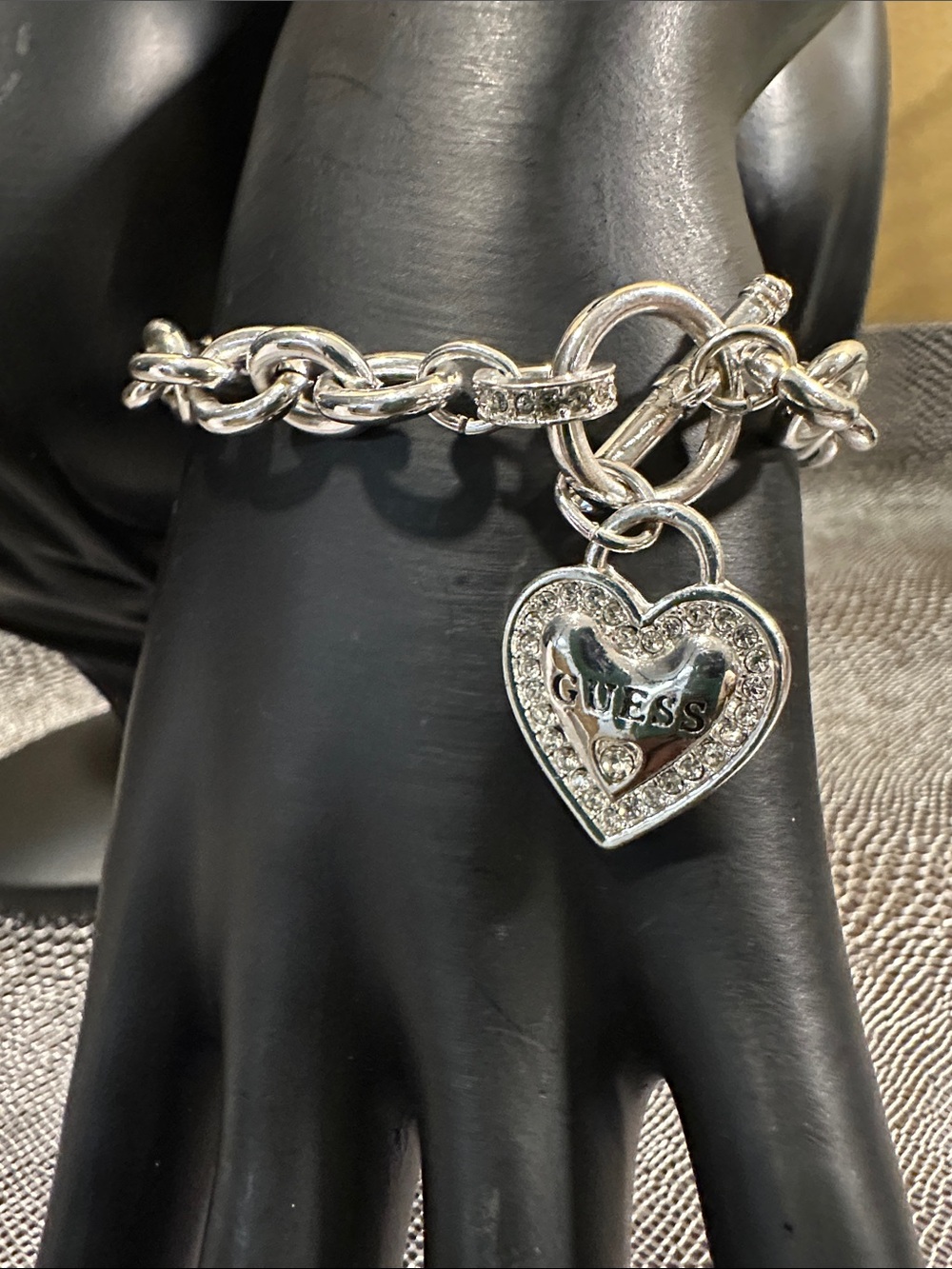 GUESS Silver-Tone Heart Charm Bracelet with Sparkling Crystal Accents